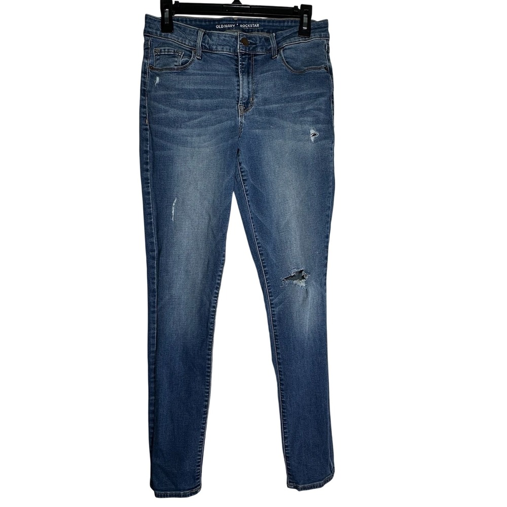 Old Navy Rockstar‎ Mid-Rise Skinny Jeans Blue Distressed 10 Long Stretch Denim